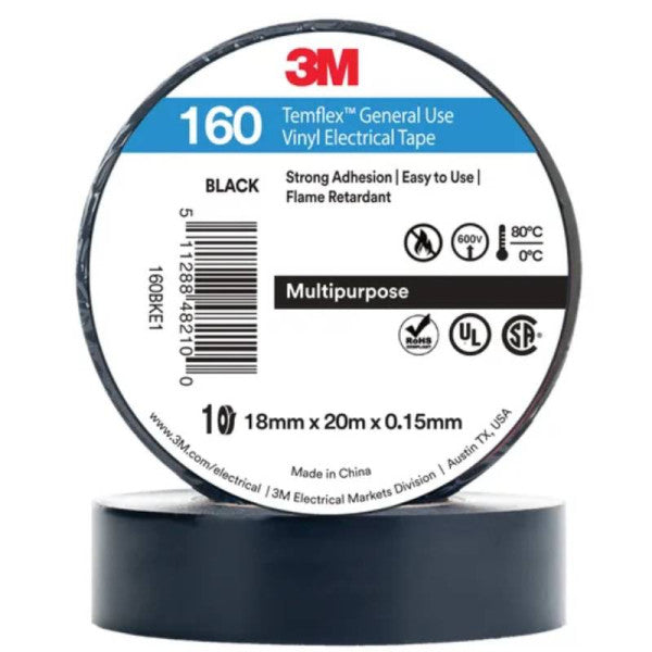3M Temflex 160 18MM x 20M Electrical Tape Black 10PK