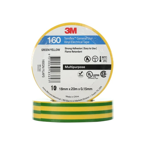 3M  Temflex 160 18MM x 20M Electrical Tape Yellow / Green 10PK