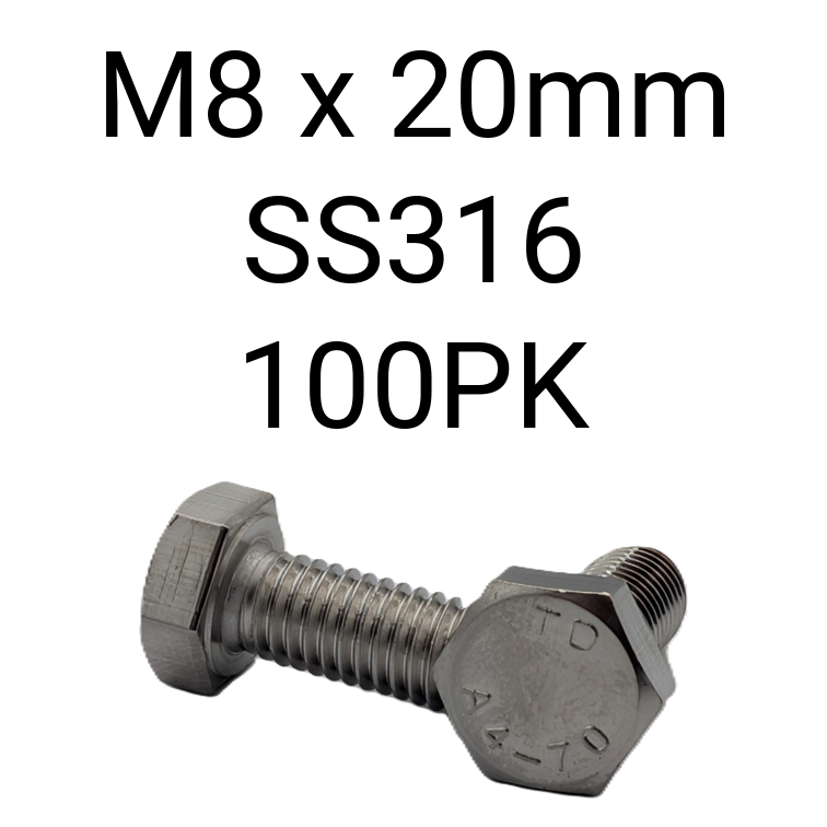 Hex Set Screw SS316 M8 20mm 100PK