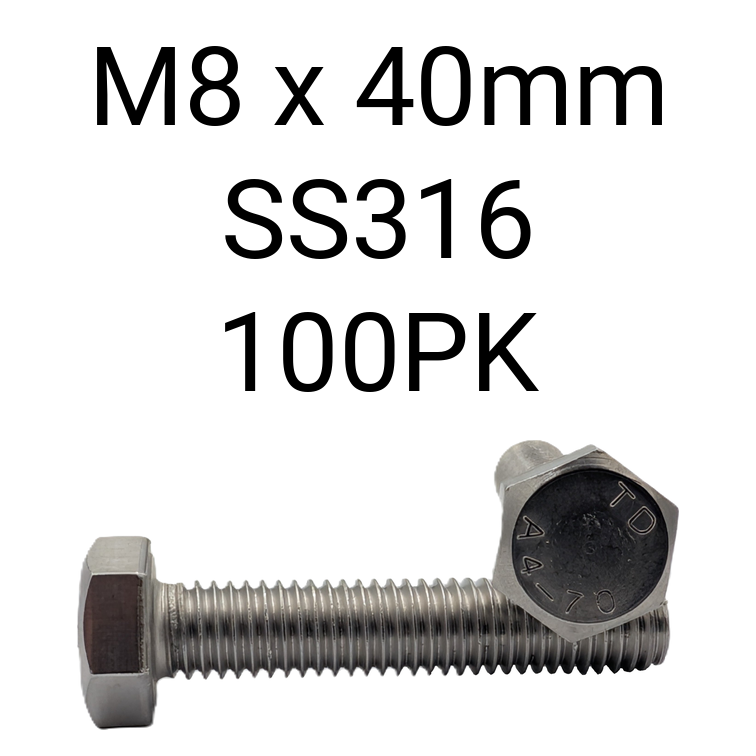 Hex Set Screw SS316 M8 40mm 100PK