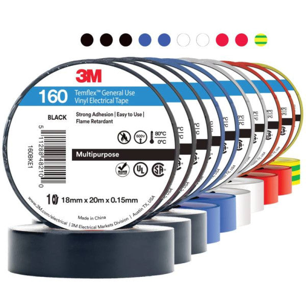 3M  Temflex 160 18MM x 20M Electrical Tape Rainbow 10PK